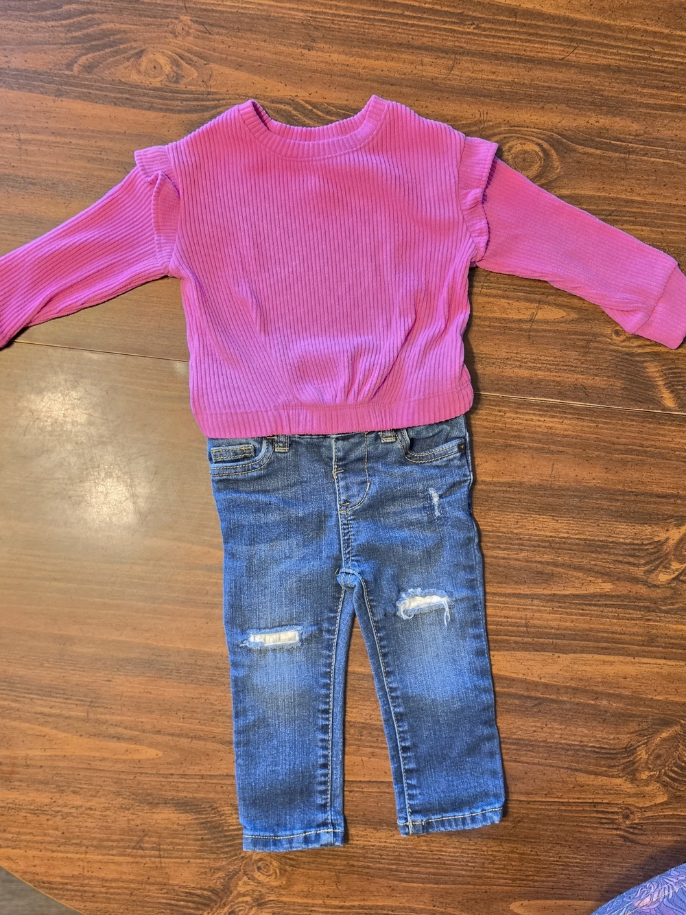 18 Months Cat & Jack Pink Ribbed Long-Sleeve Top & Distressed Jeans